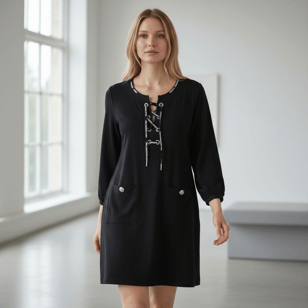 Karl Lagerfeld Paris French Terry Lace Up Logo Shift Dress Black Large LD1KO661